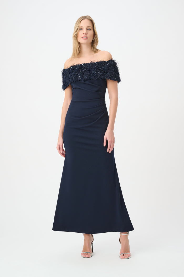 Joseph Ribkoff Off Shoulder Fringed Trumpet Gown Jr264713
