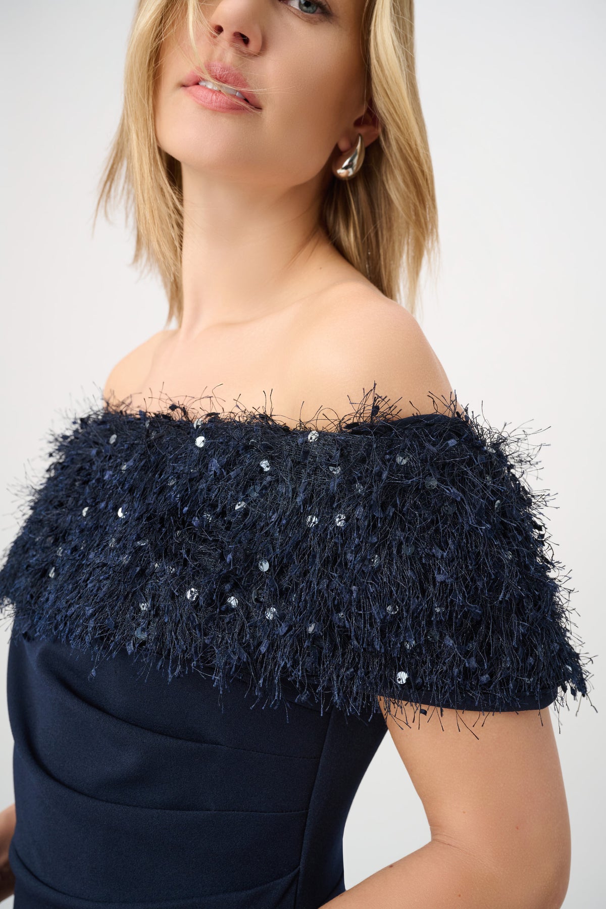 Joseph Ribkoff Off Shoulder Fringed Trumpet Gown Jr264713
