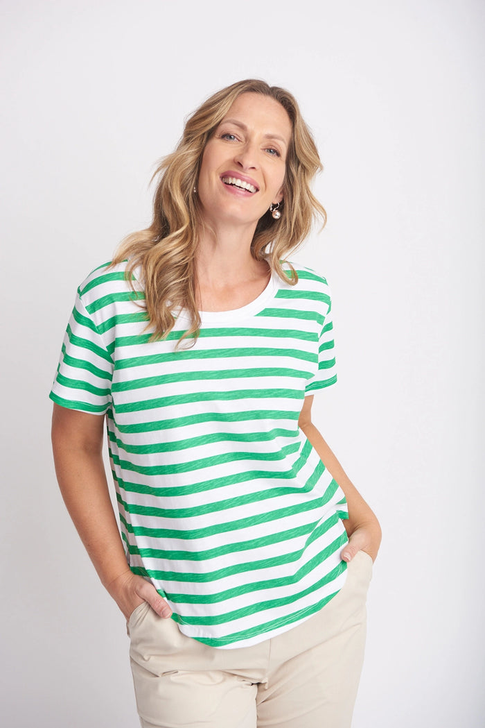 Goondiwindi Cotton Crew Neck Striped Tee Kelly Green/White 3187