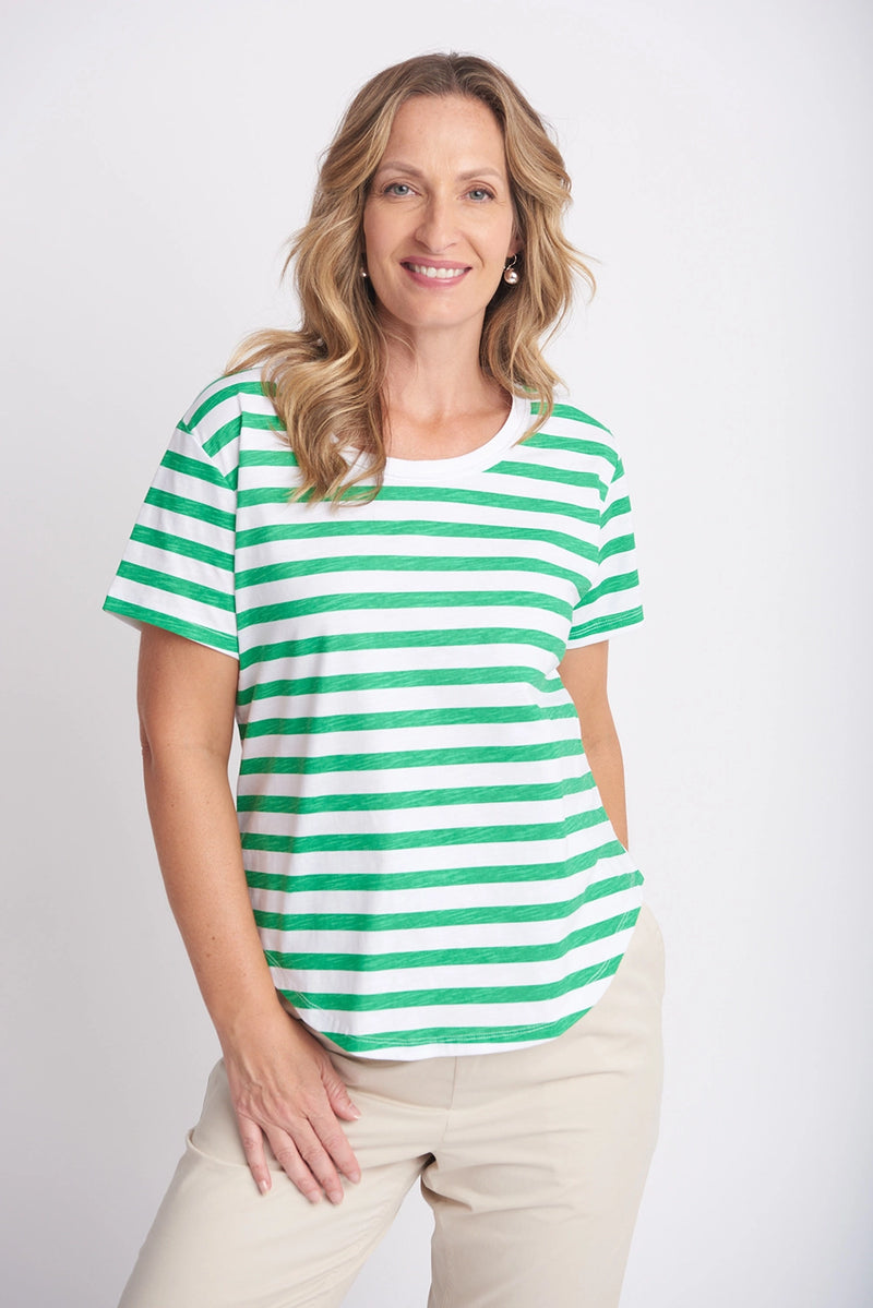 Goondiwindi Cotton Crew Neck Striped Tee Kelly Green/White 3187