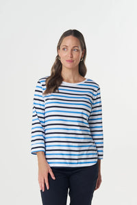 Goondiwindi Cotton Multi Stripe 3/4 Sleeve Tee in Azure Blue 3261-27
