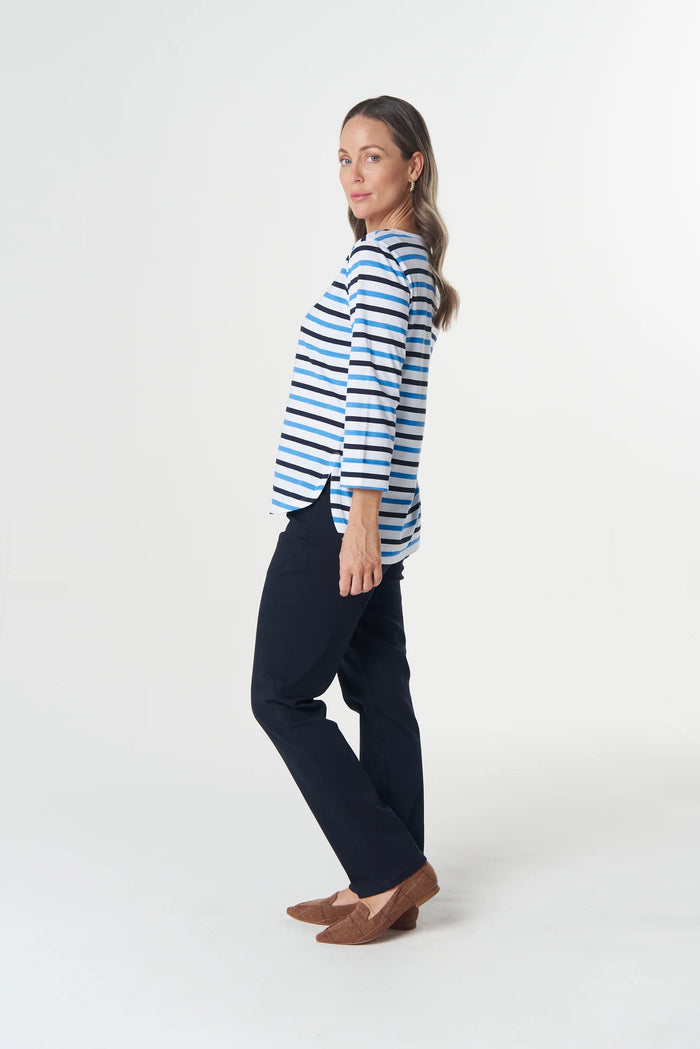 Goondiwindi Cotton Multi Stripe 3/4 Sleeve Tee in Azure Blue 3261-27