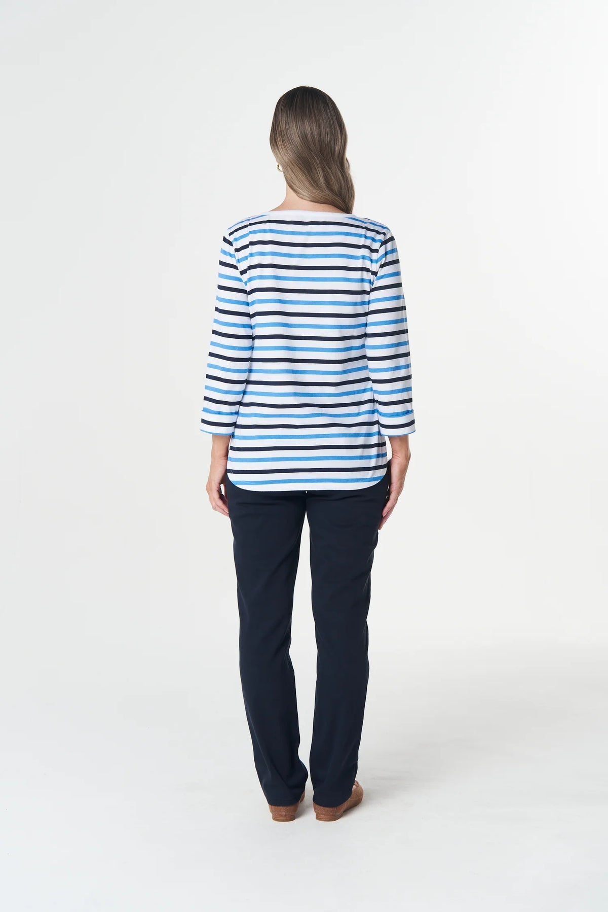 Goondiwindi Cotton Multi Stripe 3/4 Sleeve Tee in Azure Blue 3261-27