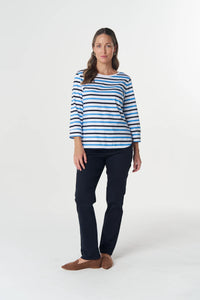 Goondiwindi Cotton Multi Stripe 3/4 Sleeve Tee in Azure Blue 3261-27
