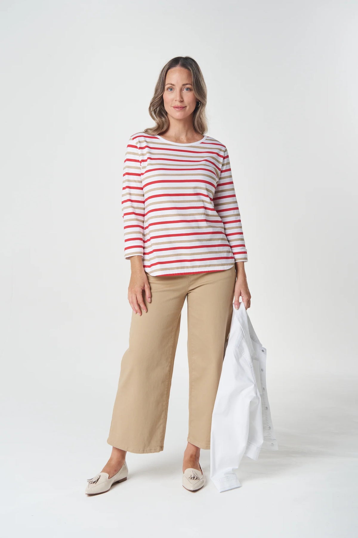 Goondiwindi Cotton Multi Stripe 3/4 Sleeve Tee in Camel 3261-27
