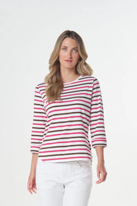 Goondiwindi Cotton Multi Stripe 3/4 Sleeve Tee in Electric Pink 3261-27
