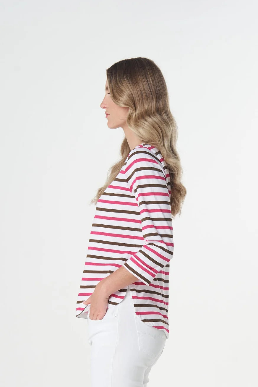 Goondiwindi Cotton Multi Stripe 3/4 Sleeve Tee in Electric Pink 3261-27