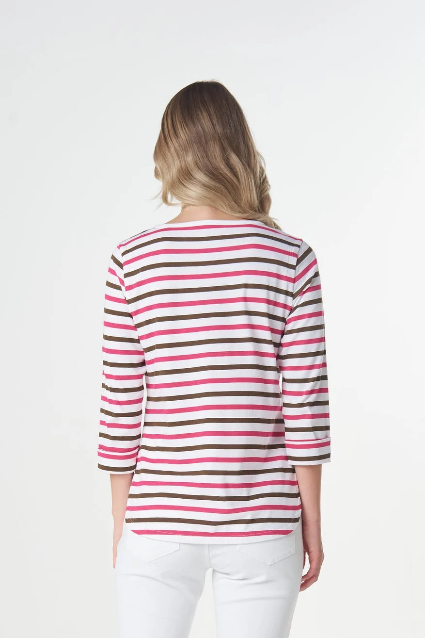 Goondiwindi Cotton Multi Stripe 3/4 Sleeve Tee in Electric Pink 3261-27