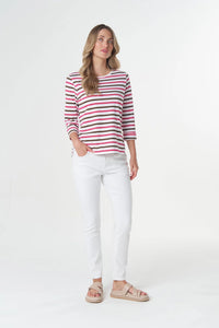 Goondiwindi Cotton Multi Stripe 3/4 Sleeve Tee in Electric Pink 3261-27