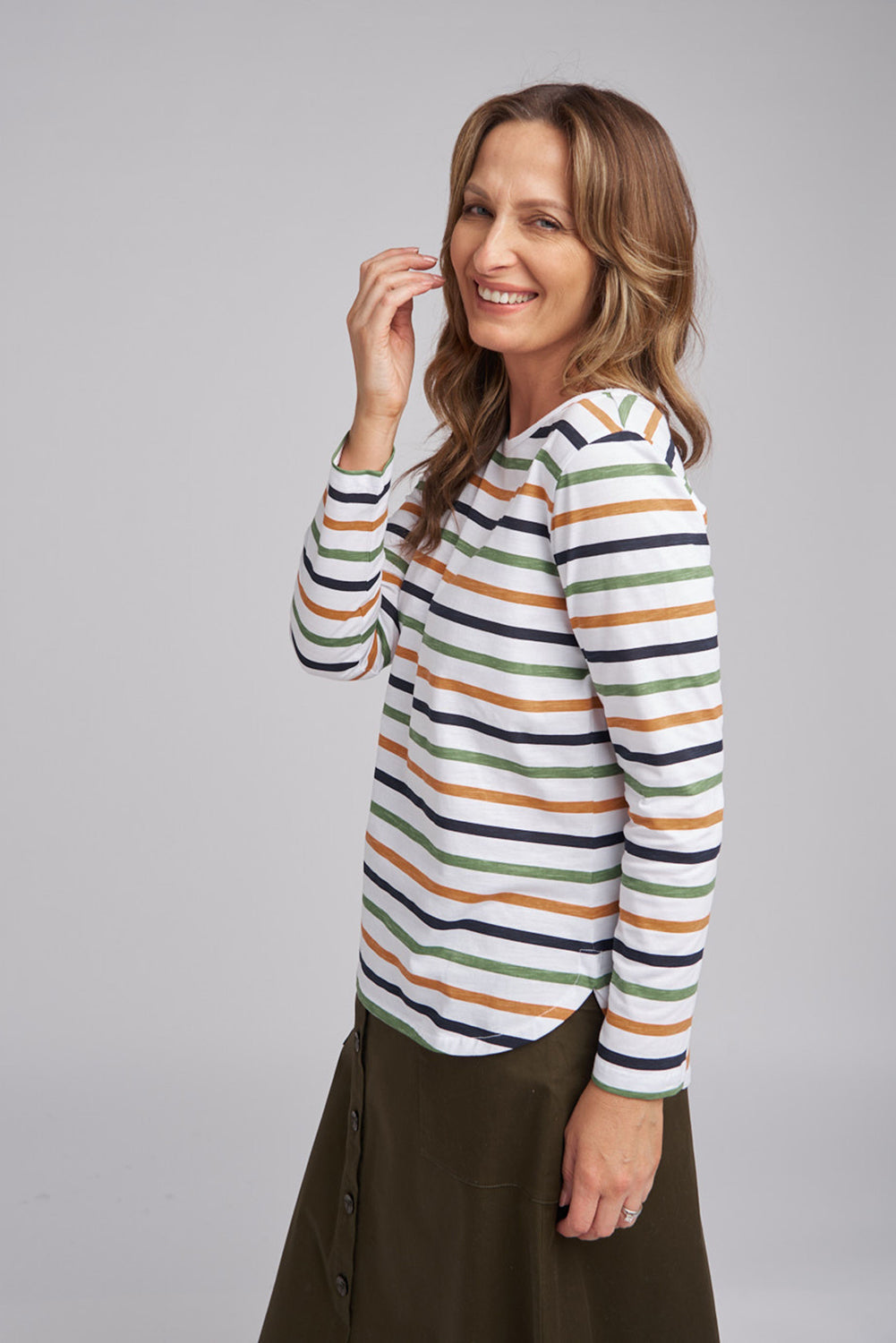 Goondiwindi Cotton Multi Stripe Crew Neck Tee in Orange Multi 3264-5