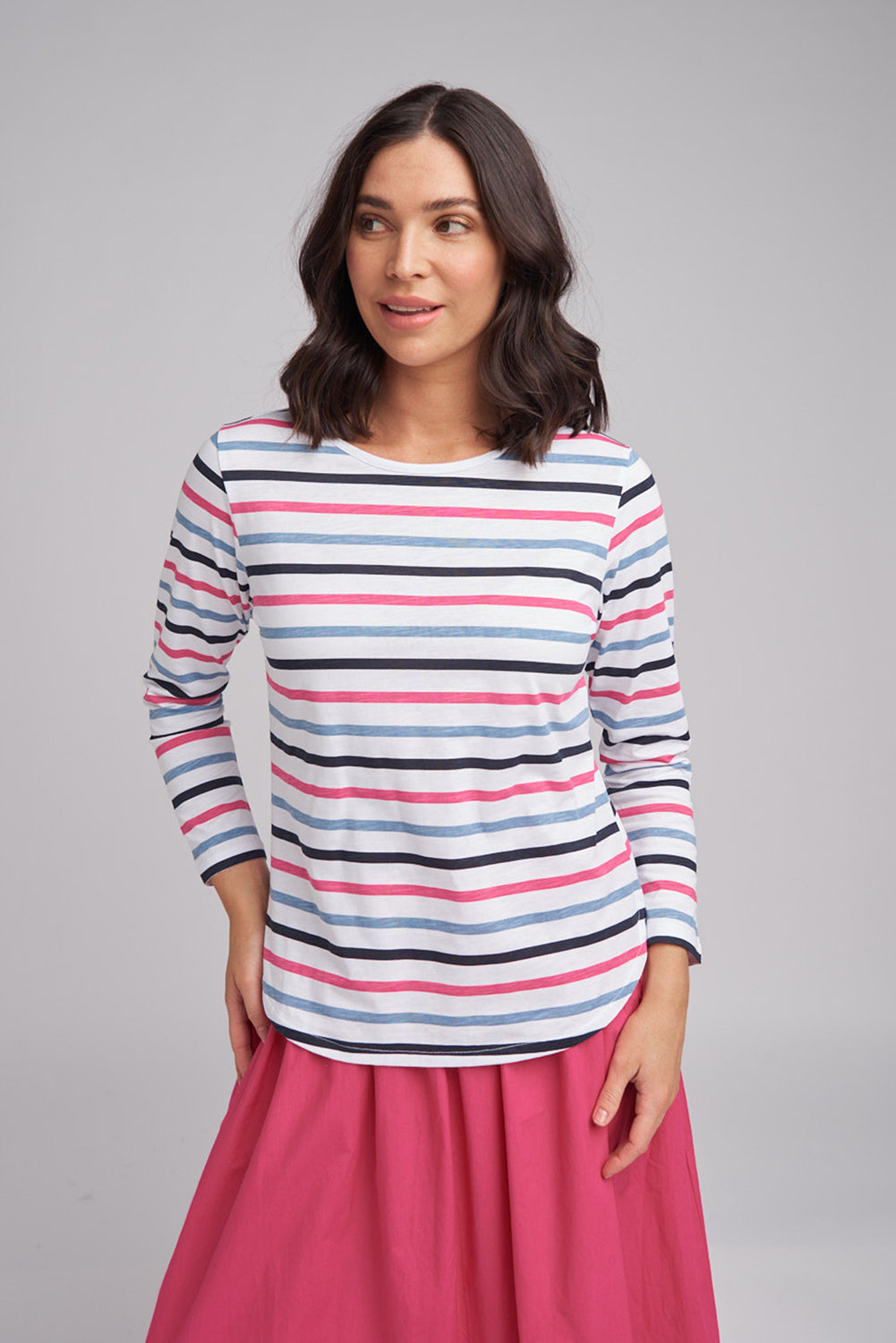 Goondiwindi Cotton Multi Stripe Crew Neck Tee in Pink Multi 3264-5