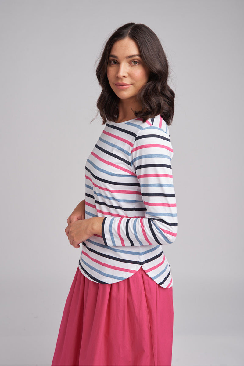 Goondiwindi Cotton Multi Stripe Crew Neck Tee in Pink Multi 3264-5