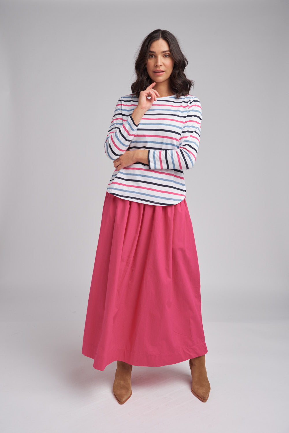 Goondiwindi Cotton Multi Stripe Crew Neck Tee in Pink Multi 3264-5