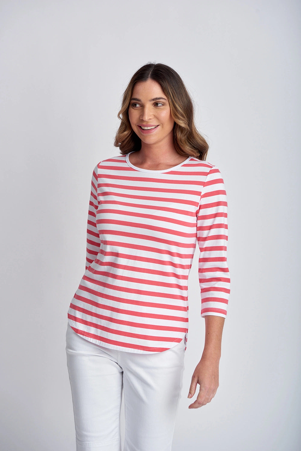 Goondiwindi Cotton 3/4 Sleeve Stripe Tee Coral/White 3267-14