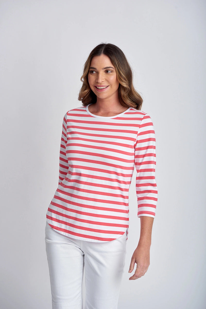 Goondiwindi Cotton 3/4 Sleeve Stripe Tee Coral/White 3267-14