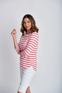 Goondiwindi Cotton 3/4 Sleeve Stripe Tee Coral/White 3267-14