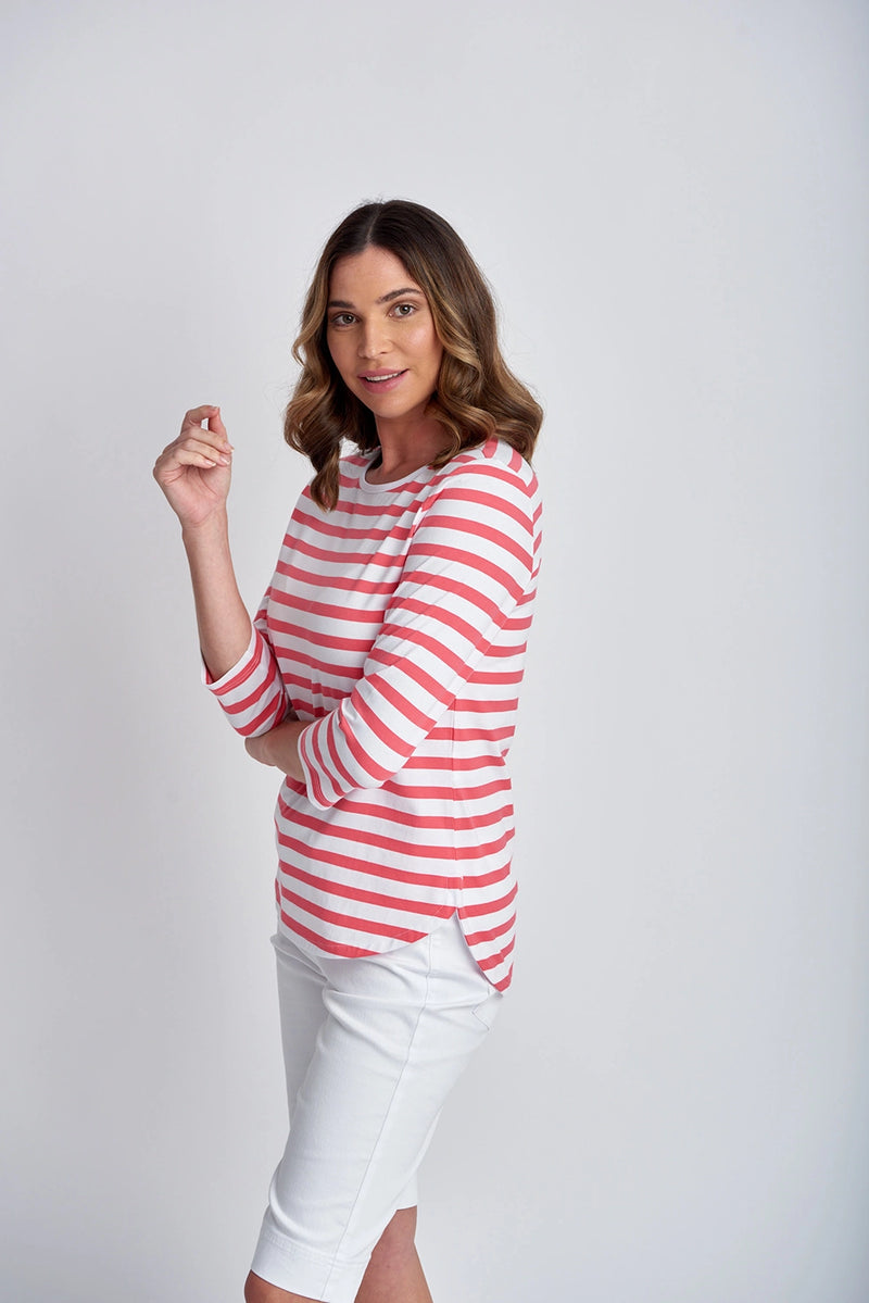 Goondiwindi Cotton 3/4 Sleeve Stripe Tee Coral/White 3267-14