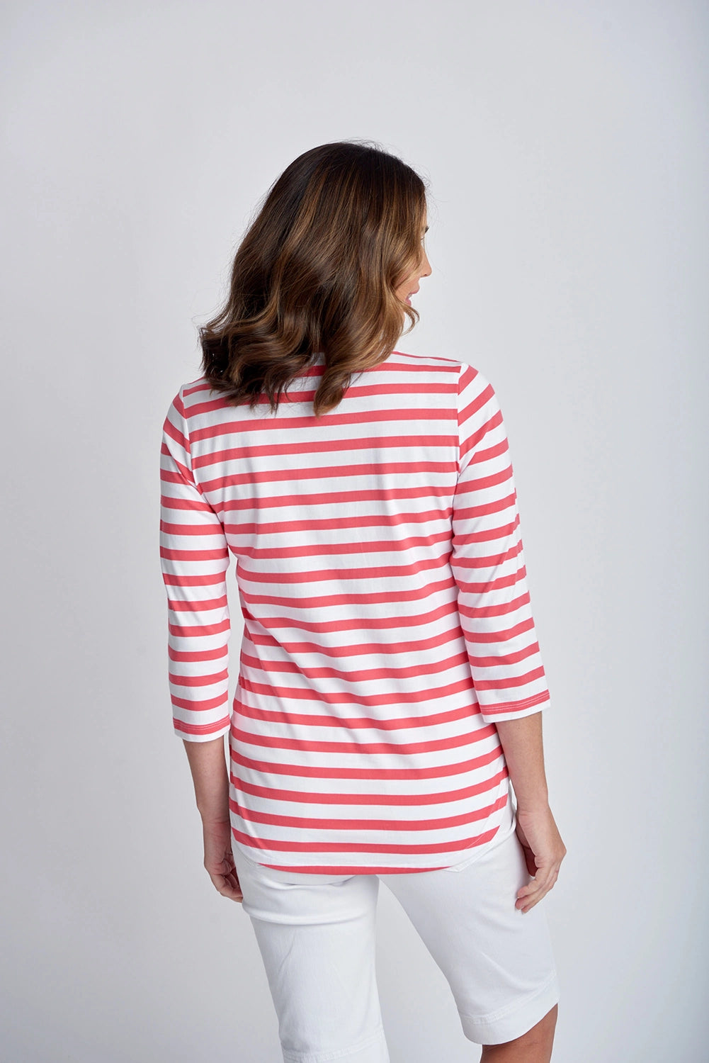 Goondiwindi Cotton 3/4 Sleeve Stripe Tee Coral/White 3267-14