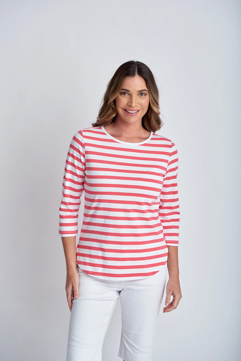 Goondiwindi Cotton 3/4 Sleeve Stripe Tee Coral/White 3267-14