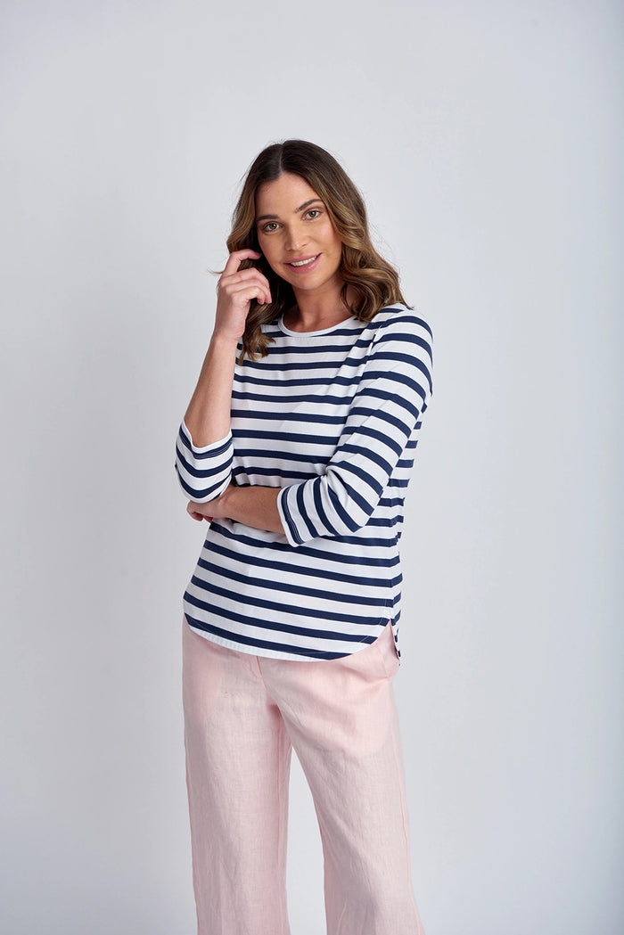 Goondiwindi Cotton Cotton 3/4 Sleeve Stripe Tee Navy/White