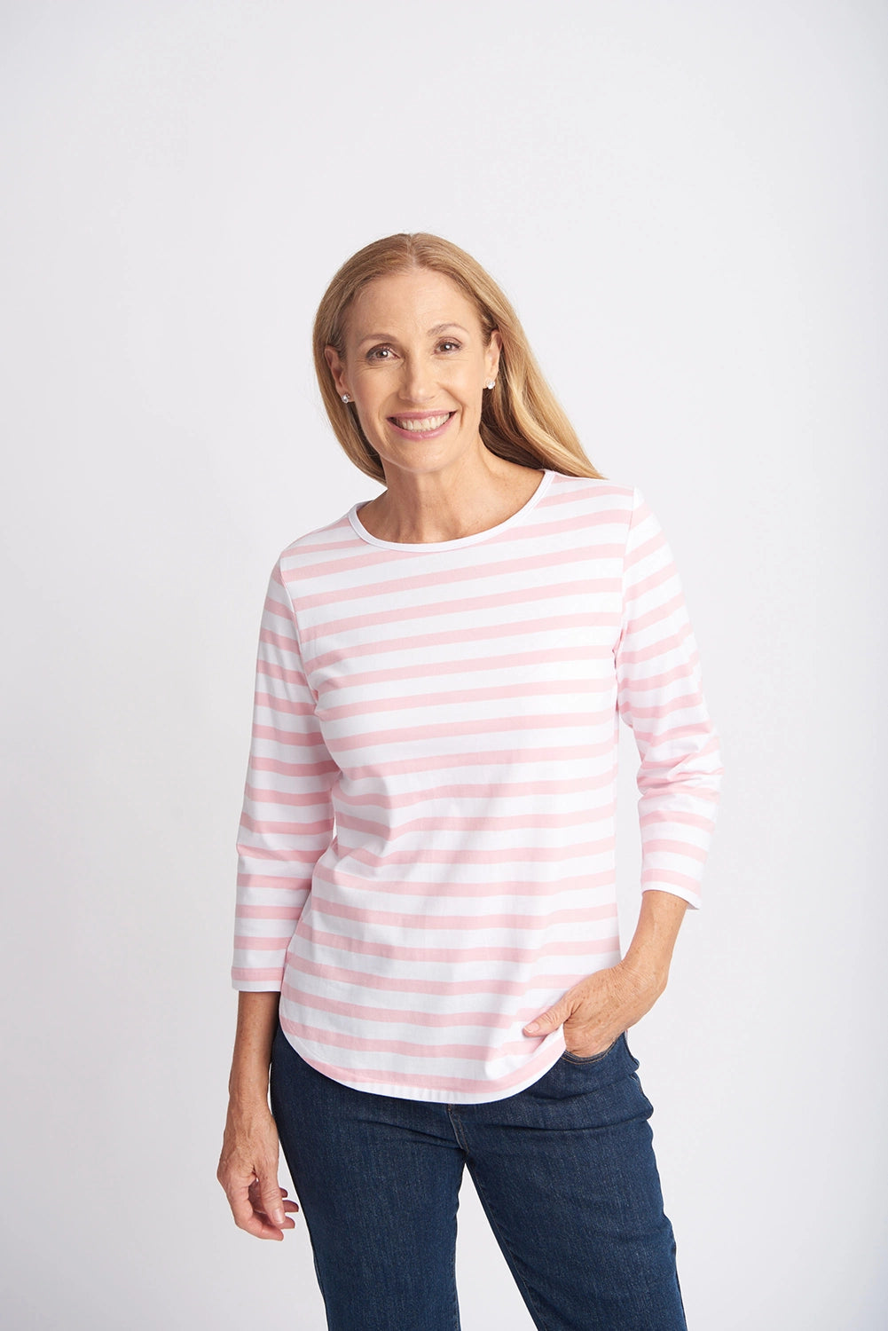 Goondiwindi Cotton Cotton 3/4 Sleeve Stripe Tee Tickle Pink/White