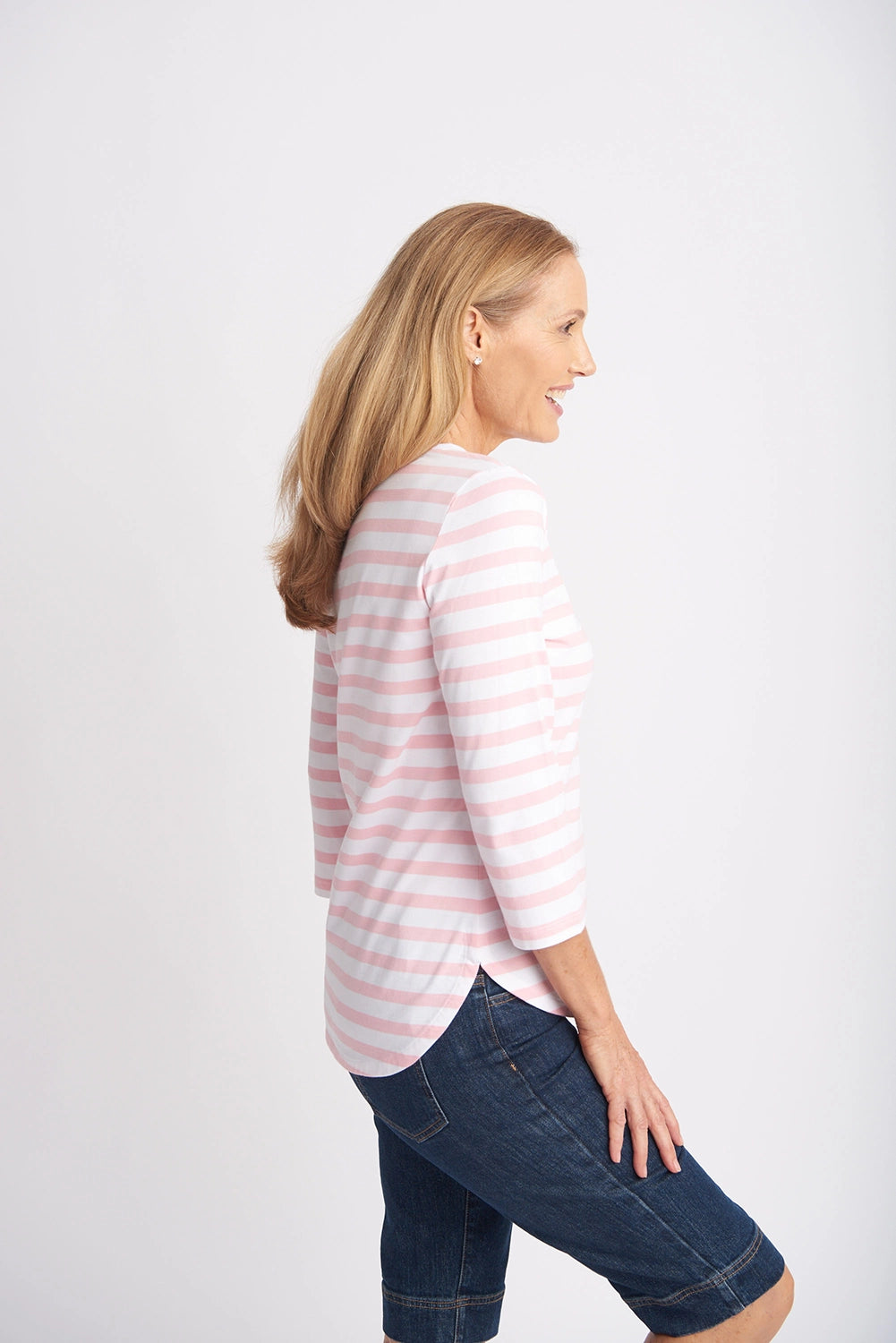 Goondiwindi Cotton Cotton 3/4 Sleeve Stripe Tee Tickle Pink/White