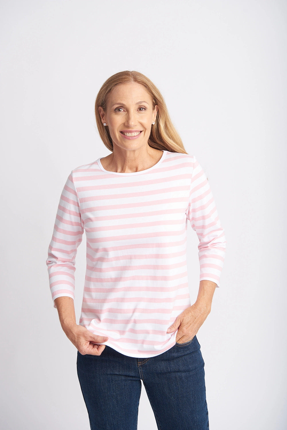 Goondiwindi Cotton Cotton 3/4 Sleeve Stripe Tee Tickle Pink/White