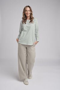 Goondiwindi Cotton Stripe Long Sleeve Tee in White/Fern Green 3272