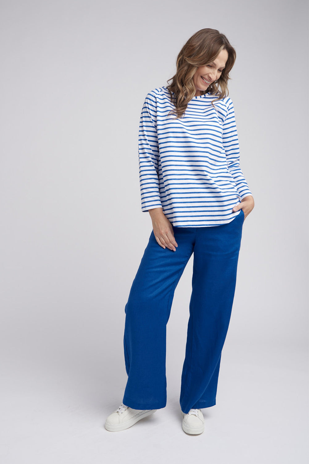 Goondiwindi Cotton Stripe Long Sleeve Tee in White/Opal 3272