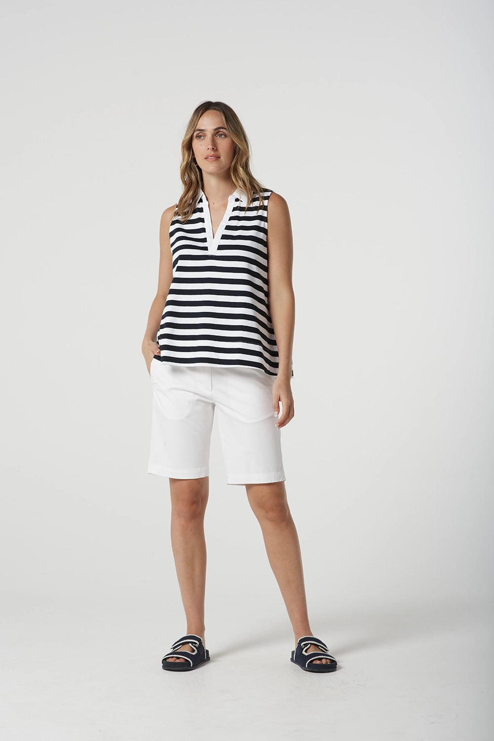 Goondiwindi Cotton Sleeveless Stripe Polo in White/Navy 3306-20