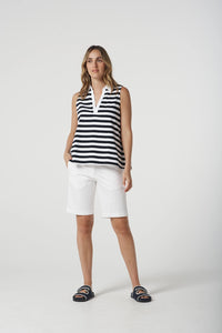 Goondiwindi Cotton Sleeveless Stripe Polo in White/Navy 3306-20