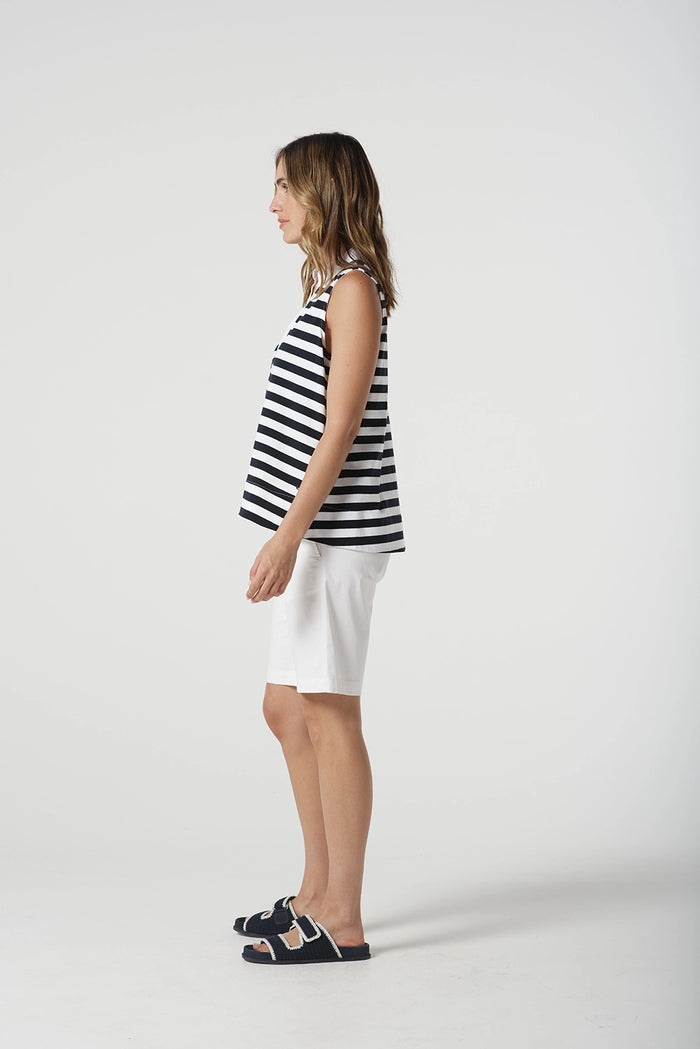 Goondiwindi Cotton Sleeveless Stripe Polo in White/Navy 3306-20