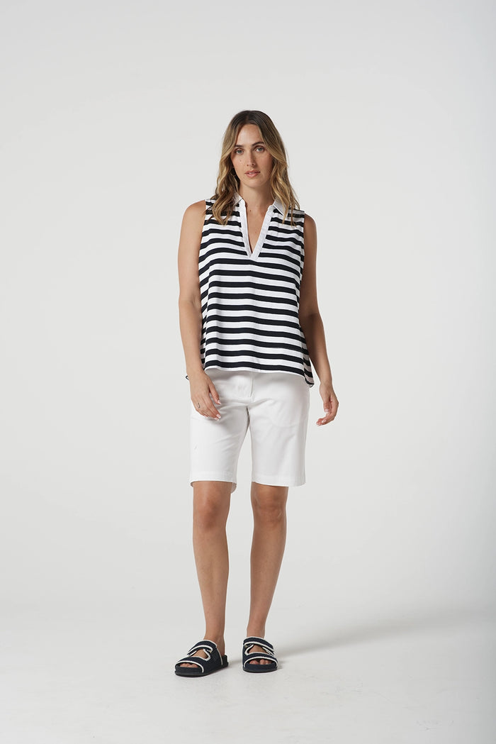 Goondiwindi Cotton Sleeveless Stripe Polo in White/Navy 3306-20
