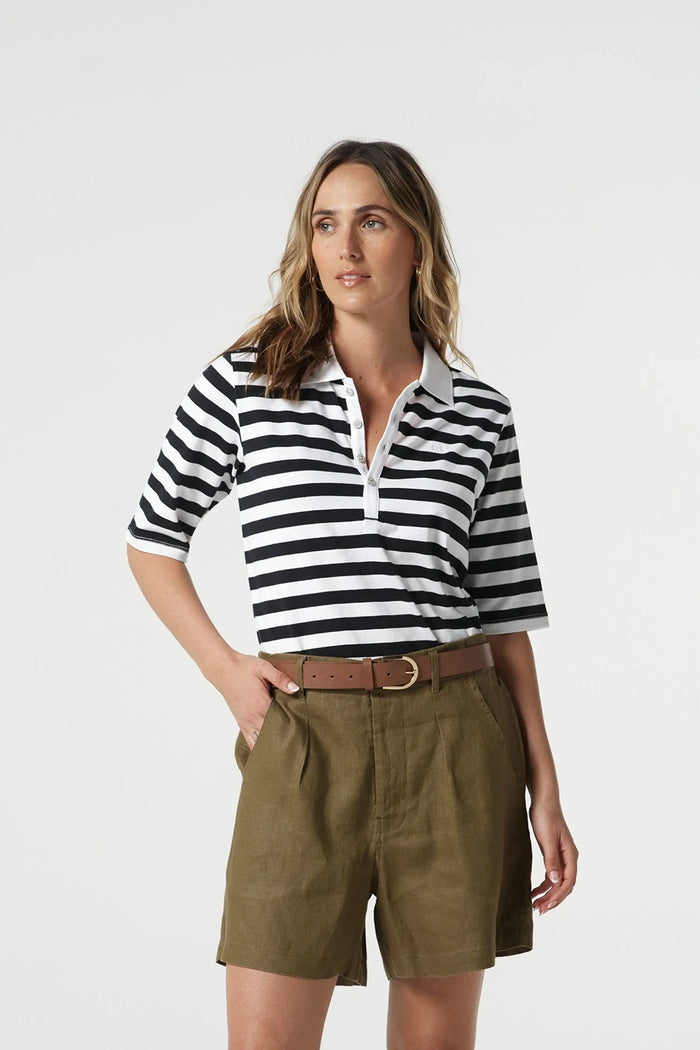 Goondiwindi Cotton 3/4 Sleeve Stripe Polo in White/Navy 3307-20