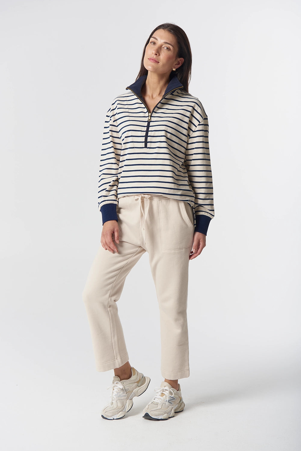 Goondiwindi Cotton Outland Cotton Half Zip Sweater in Birch/Dark Navy 3316