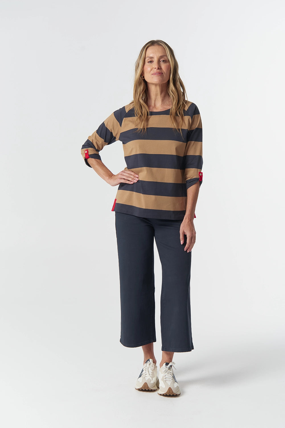 Goondiwindi Cotton Track 3/4 Sleeve in Iced Coffee/Navy 3321