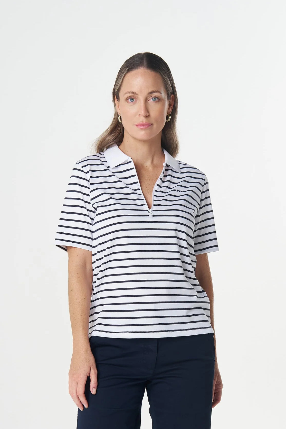 Goondiwindi Cotton Zip Stripe Polo in White/Dark Navy 3326-265
