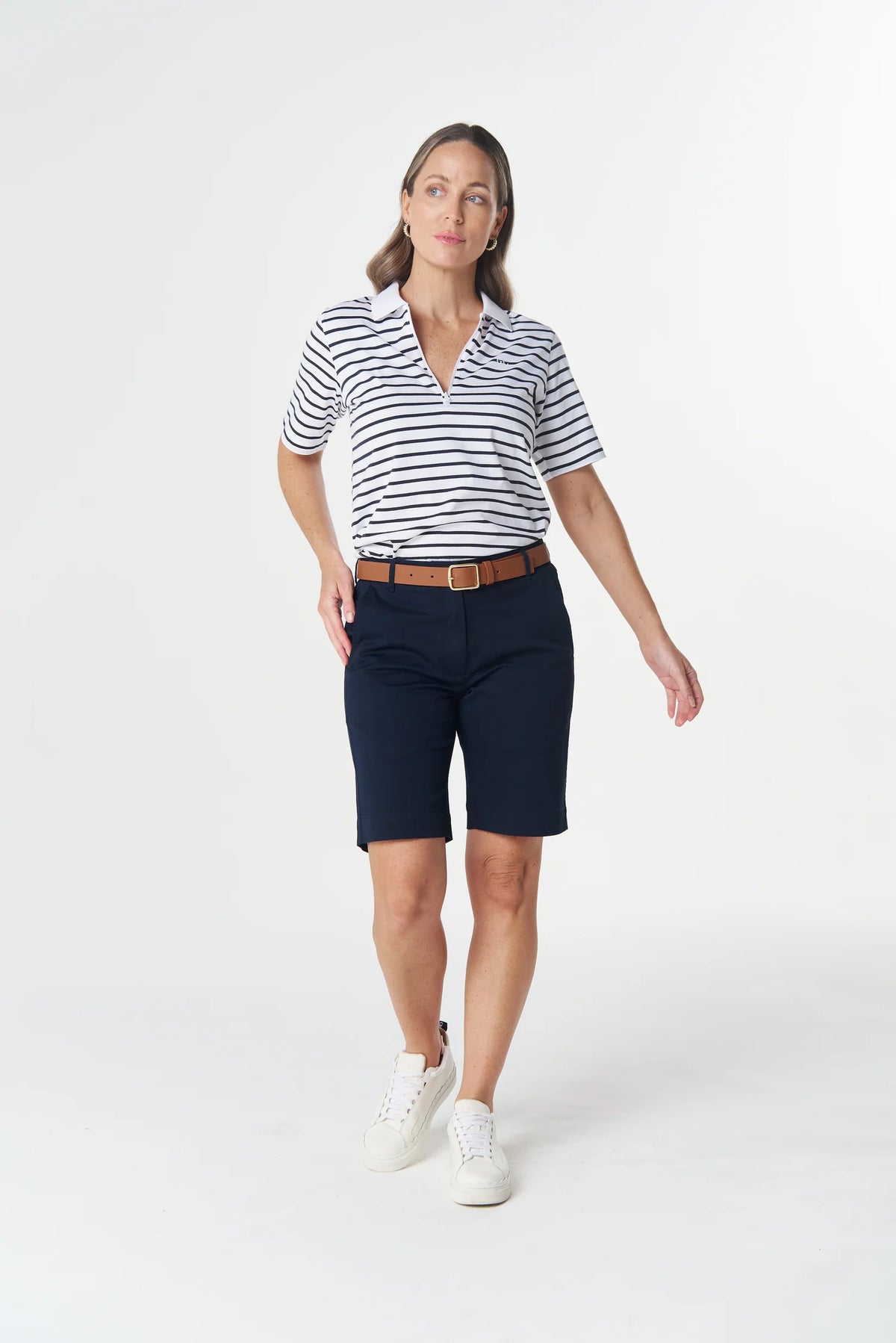 Goondiwindi Cotton Zip Stripe Polo in White/Dark Navy 3326-265