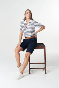 Goondiwindi Cotton Zip Stripe Polo in White/Dark Navy 3326-265