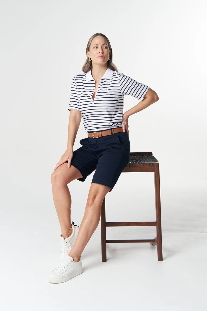 Goondiwindi Cotton Zip Stripe Polo in White/Dark Navy 3326-265