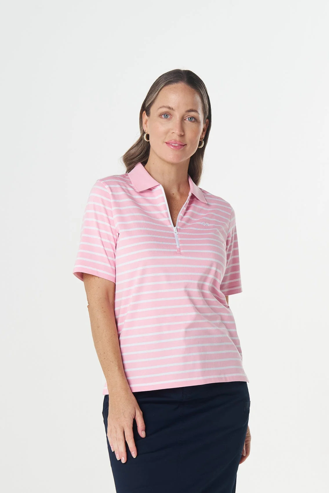 Goondiwindi Cotton Zip Stripe Polo in White/Fairytail Pink 3326-265