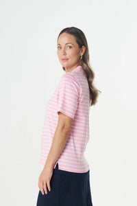 Goondiwindi Cotton Zip Stripe Polo in White/Fairytail Pink 3326-265