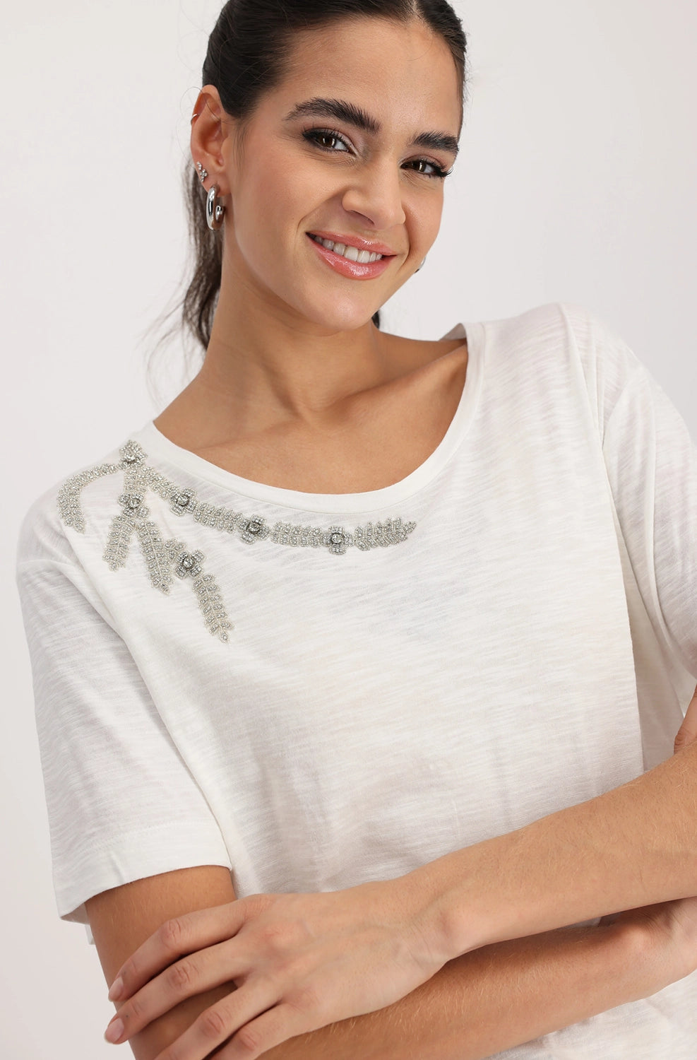 Monari Round Neck T Shirt with Embellishment M408663