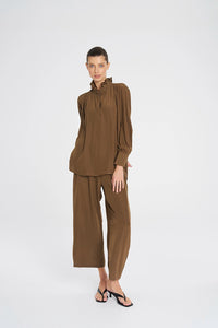 Mela Purdie Frill Neck Blouse In Tannin F67 8919 - Pre-Order March Delivery