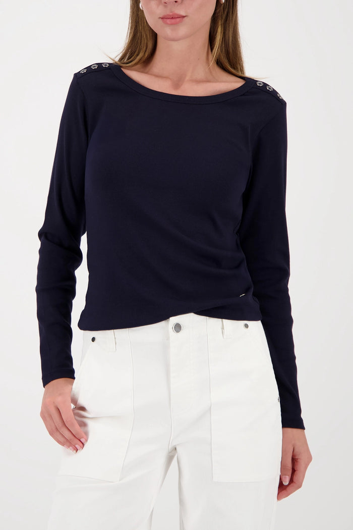 Monari Long-Sleeve Shirt With Button Placket in Marine 410104 - Pre-Order July Delivery