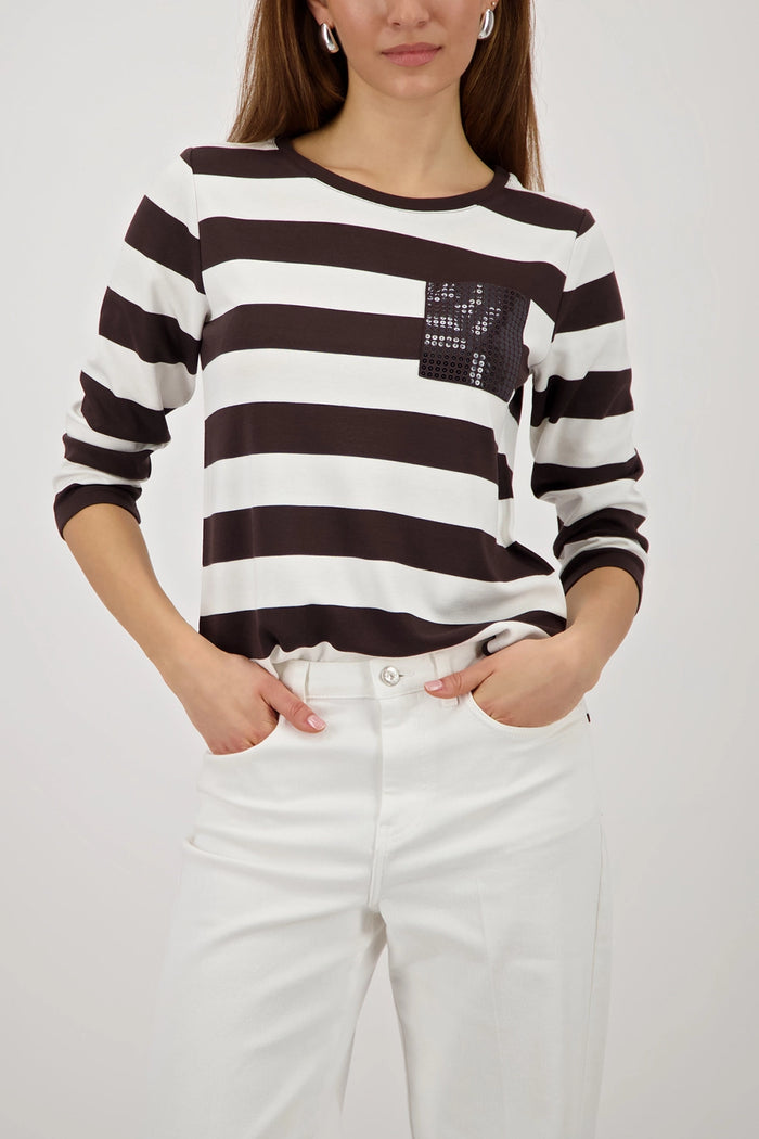 Monari Sweatshirt With Stripes in Dark Chocolate Striped 410146 - Pre-Order July Delivery