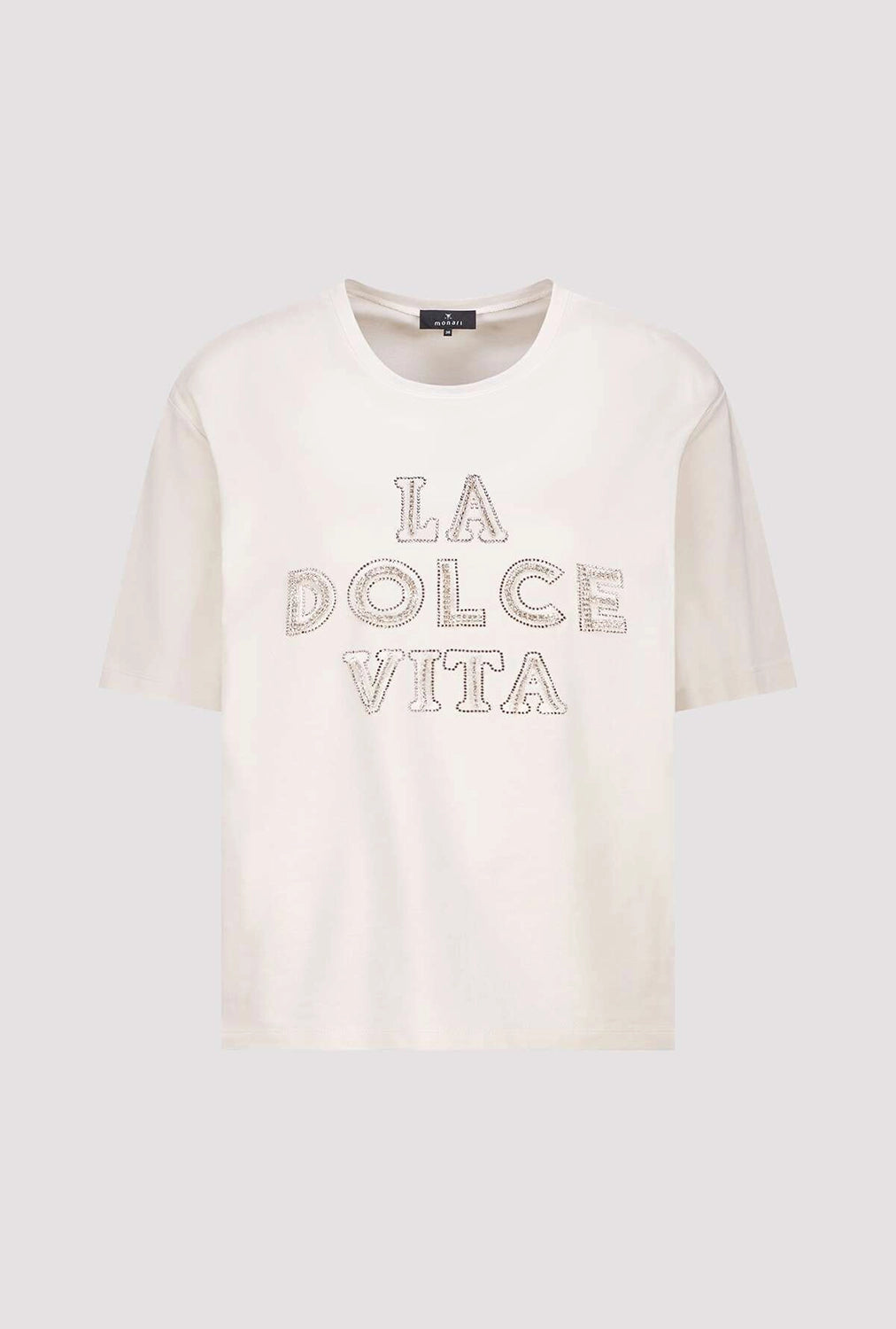 Monari T-Shirt With Decorative Lettering in Champagne Beige 410183 - Pre-Order July Delivery