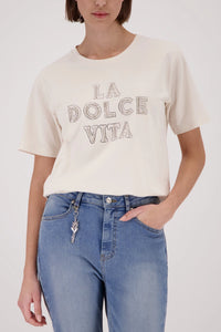 Monari T-Shirt With Decorative Lettering in Champagne Beige 410183 - Pre-Order July Delivery