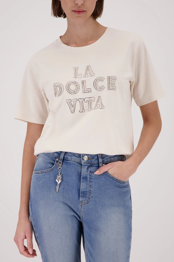 Monari T-Shirt With Decorative Lettering in Champagne Beige 410183 - Pre-Order July Delivery