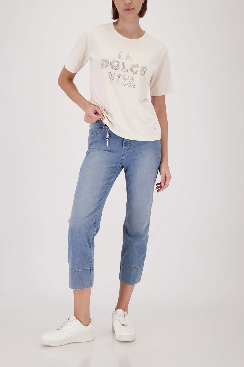 Monari T-Shirt With Decorative Lettering in Champagne Beige 410183 - Pre-Order July Delivery